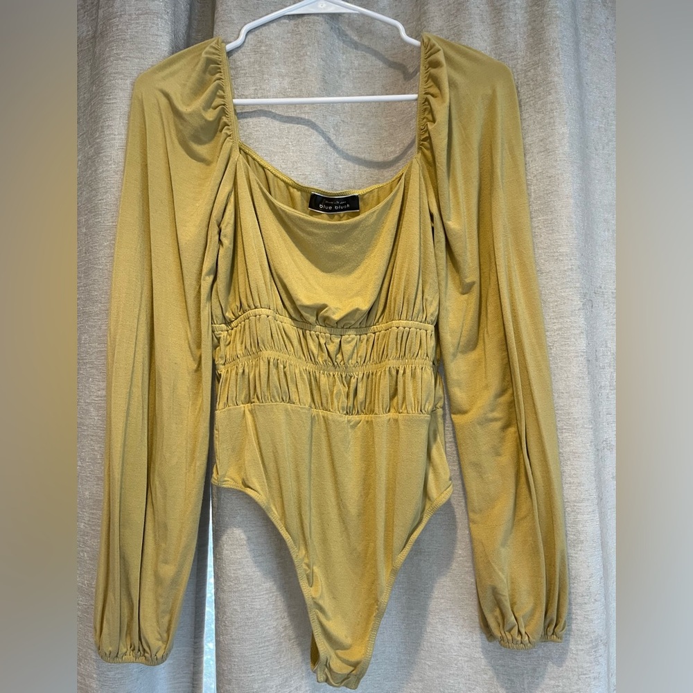 Blue Blush Smocked Long Sleeve Stretchy Body Suit Chartreuse